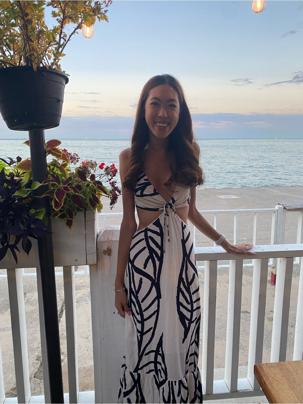 Cream and Black Maxi Dress with Cutout Tie Front